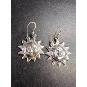 Vintage Sterling Silver Sun Face Dangle Earrings 925